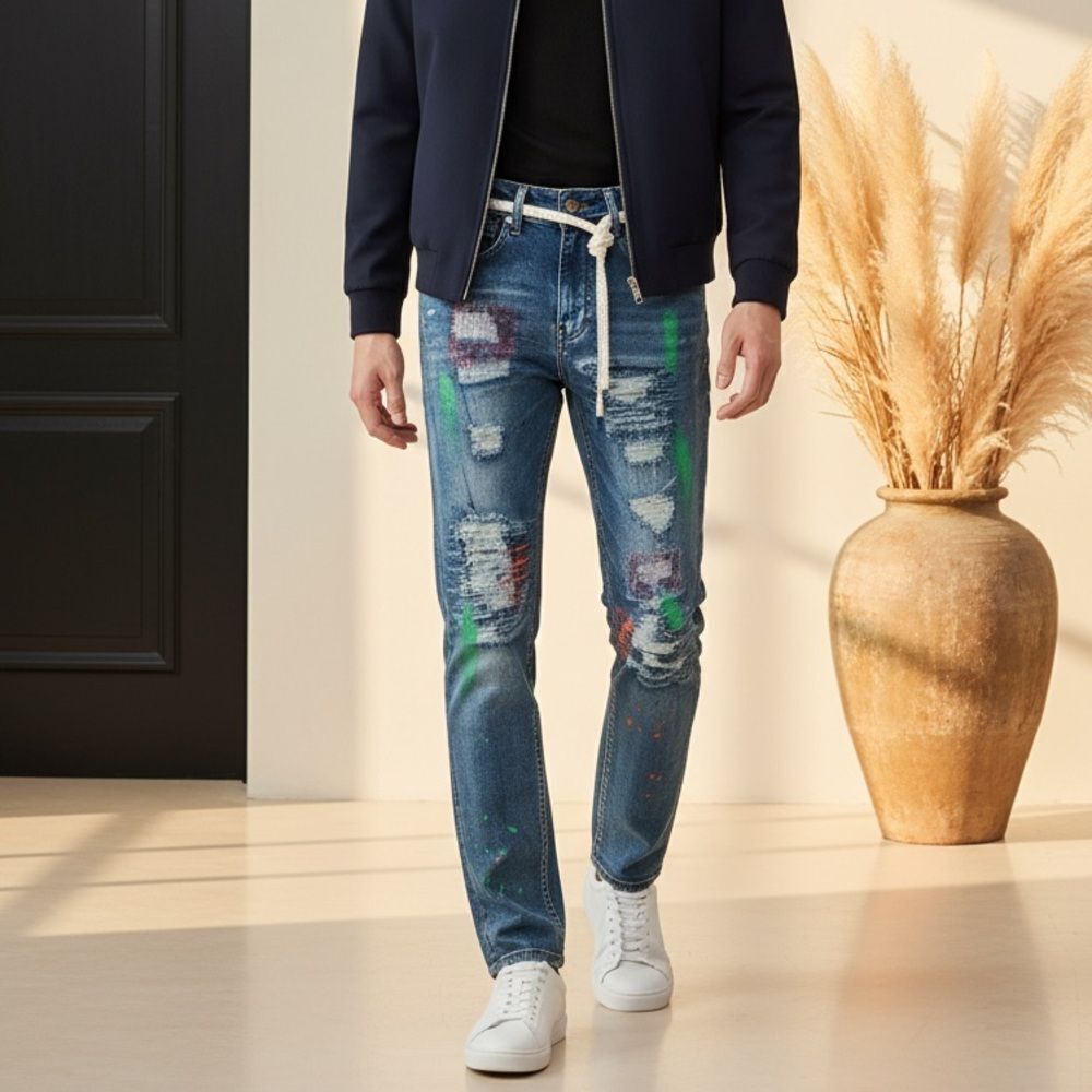 NWT RUE21 Men’s Paint Brush Denim Distressed Jeans - Size 33”